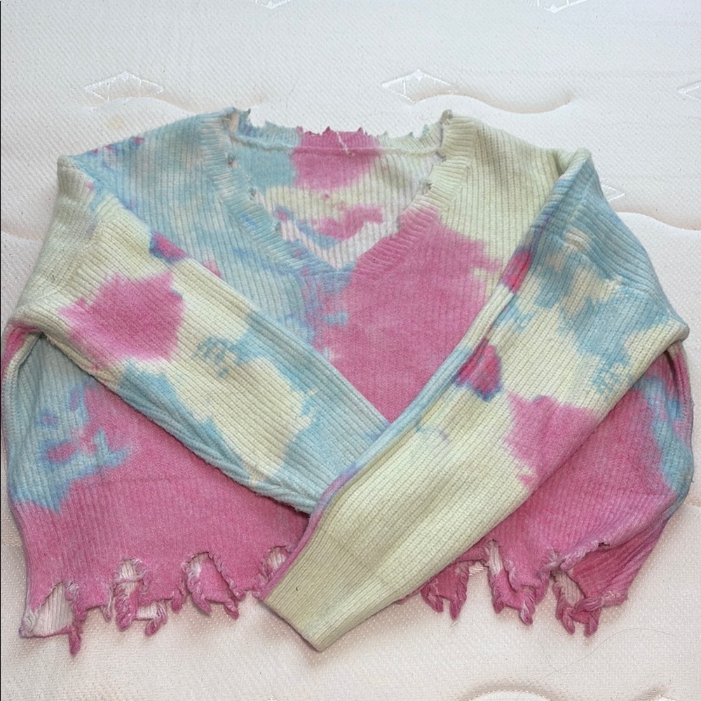 SHEIN Pastel Tie-Dye V-Neck Sweater